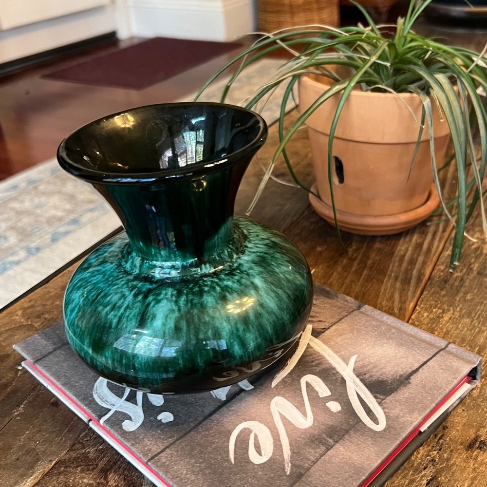 Vintage Emerald Green Bud Vase MCM Drip Glaze Ceramic Round Flared Rim 5.5 Inch